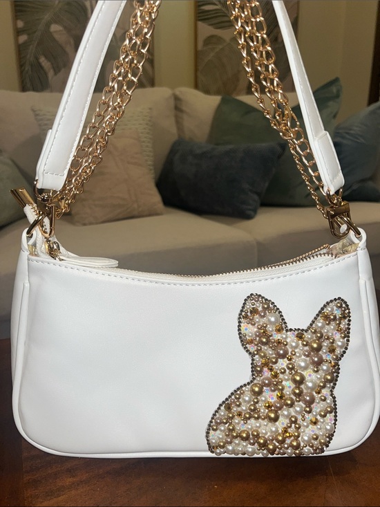 Hand Crafted Handbags - Hand Crafted White Shoulder Bag with Gold Chain and Pearl Frenchie 🐾
